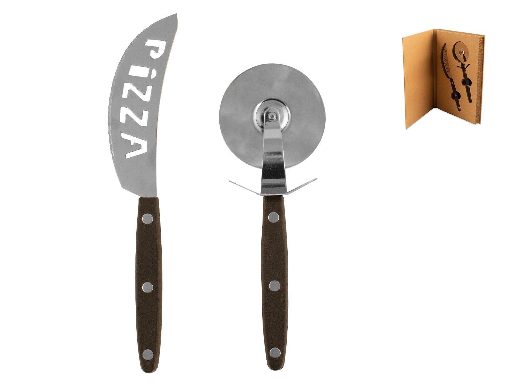 Packung mit Messer und Pizzarad aus Edelstahl mit schwarzem Polypropylengriff. Pizzaschneider 5,5x17 cm, Pizzaschneider 3x20 cm.