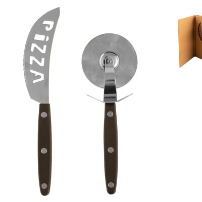 Pack de cuchillo y rueda cortadora de pizza en acero inoxidable con mango de polipropileno negro. Cortapizzas 5,5x17 cm, Cortapizzas 3x20 cm.