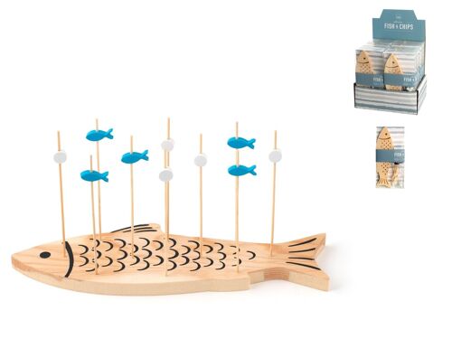 Confezione tagliere Fish&Chips in legno. Set composto da: 1 tagliere a forma di pesce, 10 stecchini in legno ; vendibile in