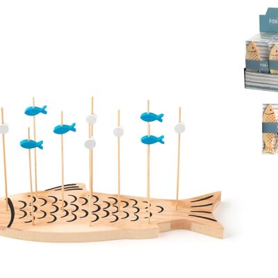 Paquet de planche à découper en bois Fish & Chips. Set composé de : 1 planche à découper en forme de poisson, 10 cure-dents en bois ; vendable en
