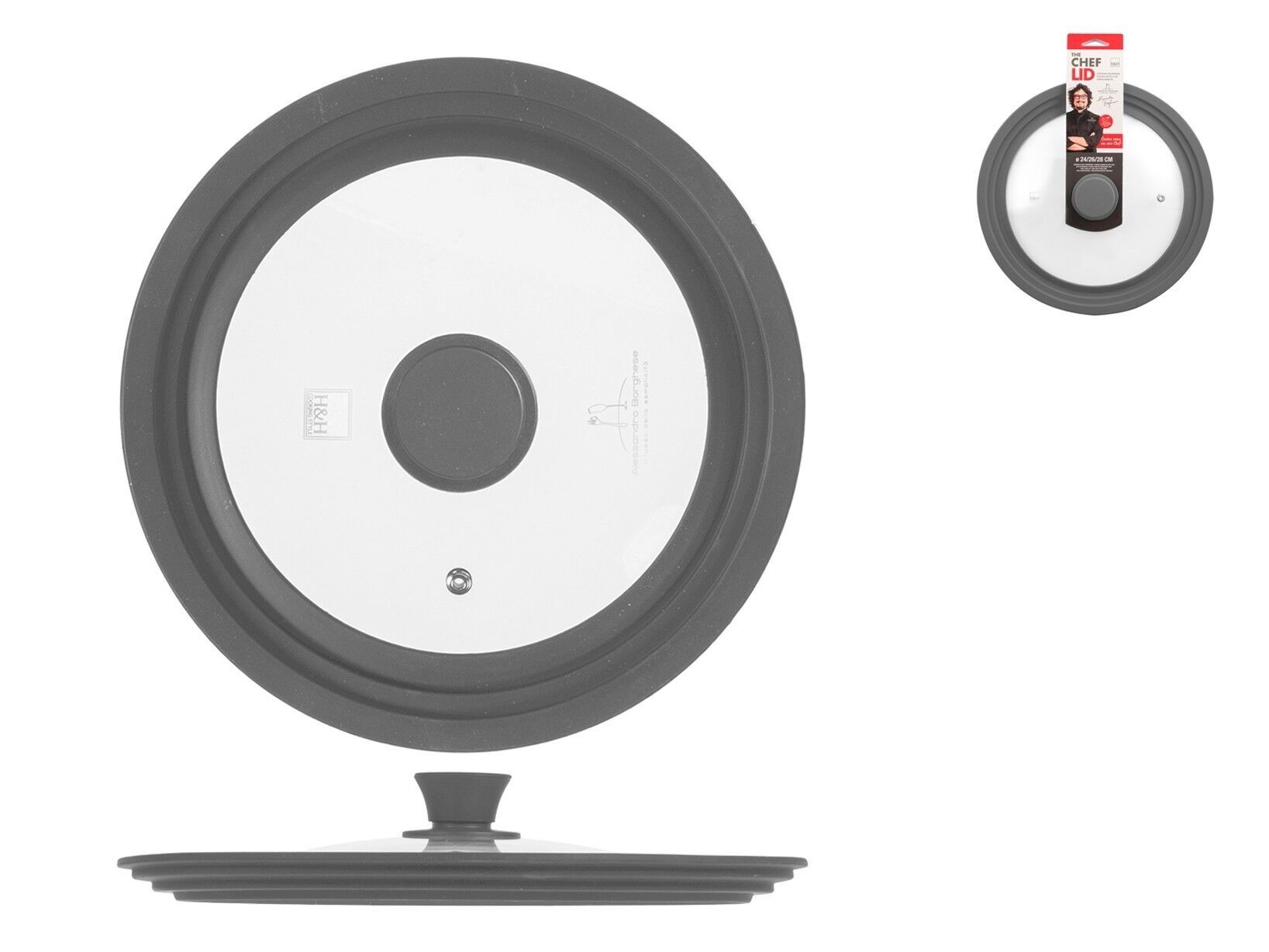 Coperchio Alessandro Borghese in vetro con bordo in silicone, completo di valvola di sfiato .Coperchio multimisura adattabile a tre diversi diametri cm 24-26-28.Alessandro Borghese -Il lusso della semplicità-