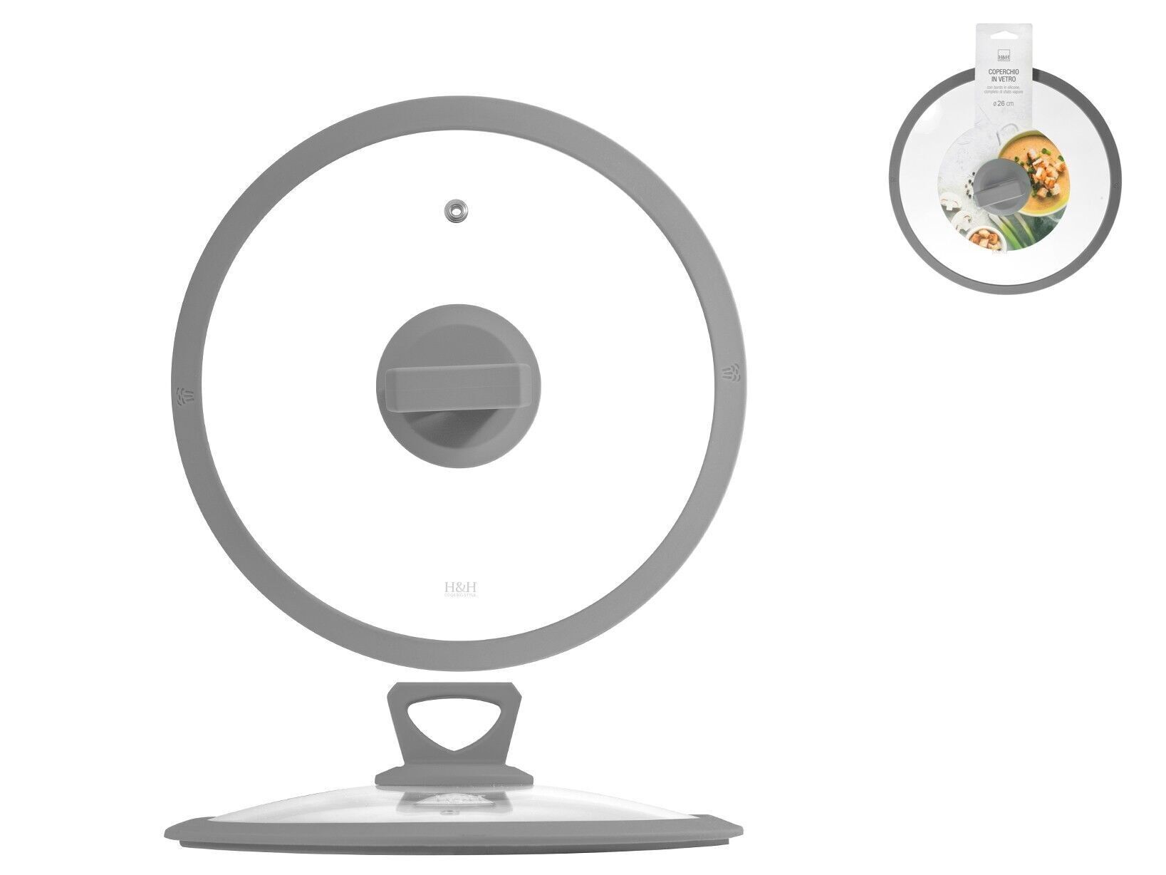 Tapa de cristal con salida de vapor y borde de silicona gris 26 cm
