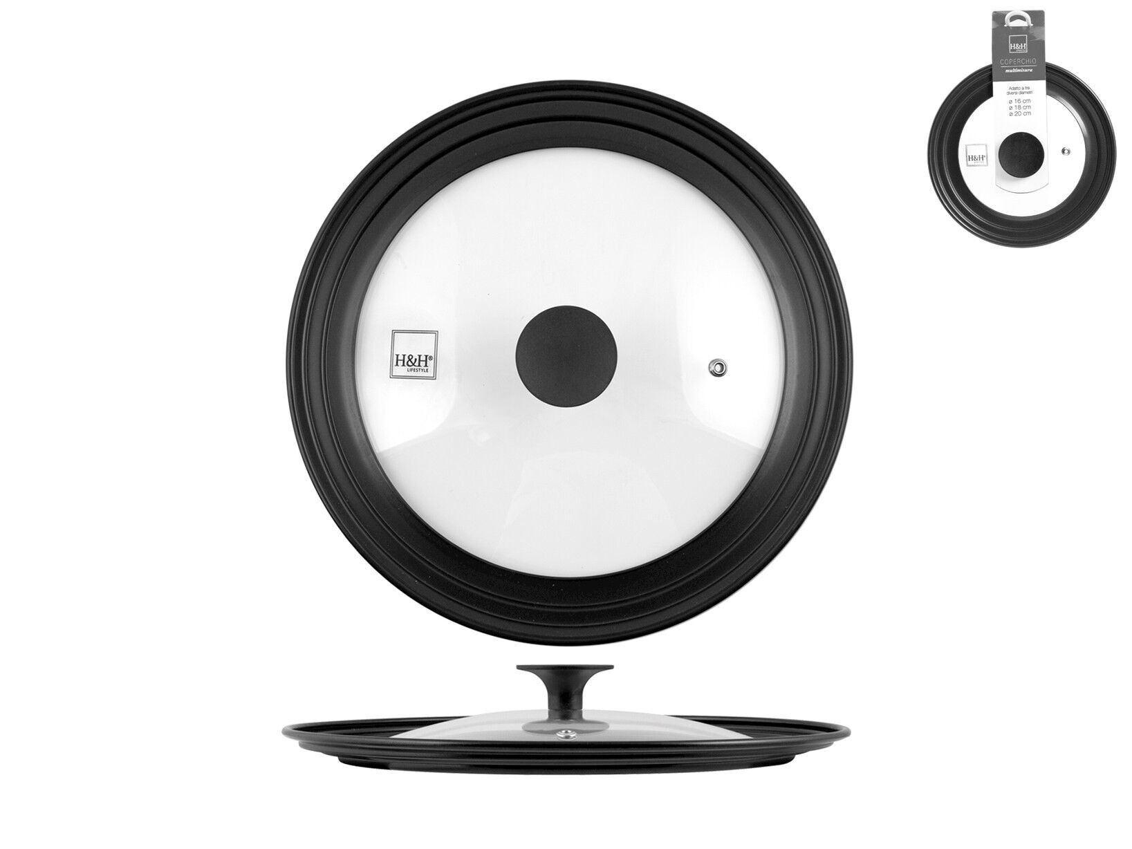 Tapa de cristal multimedida con borde de silicona antiadherente adaptable 16/18/20 cm