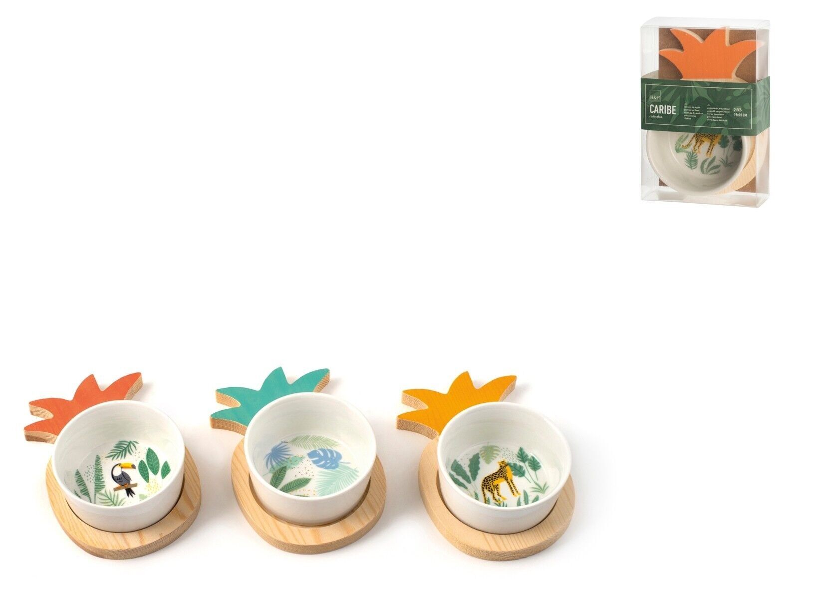 Caribe-Schale aus sortiertem, dekoriertem Porzellan mit Holztablett in Form einer Ananas. Schälchen 8,5xh4 cm. Ananasförmiges Holztablett cm 15x10xh1,5.