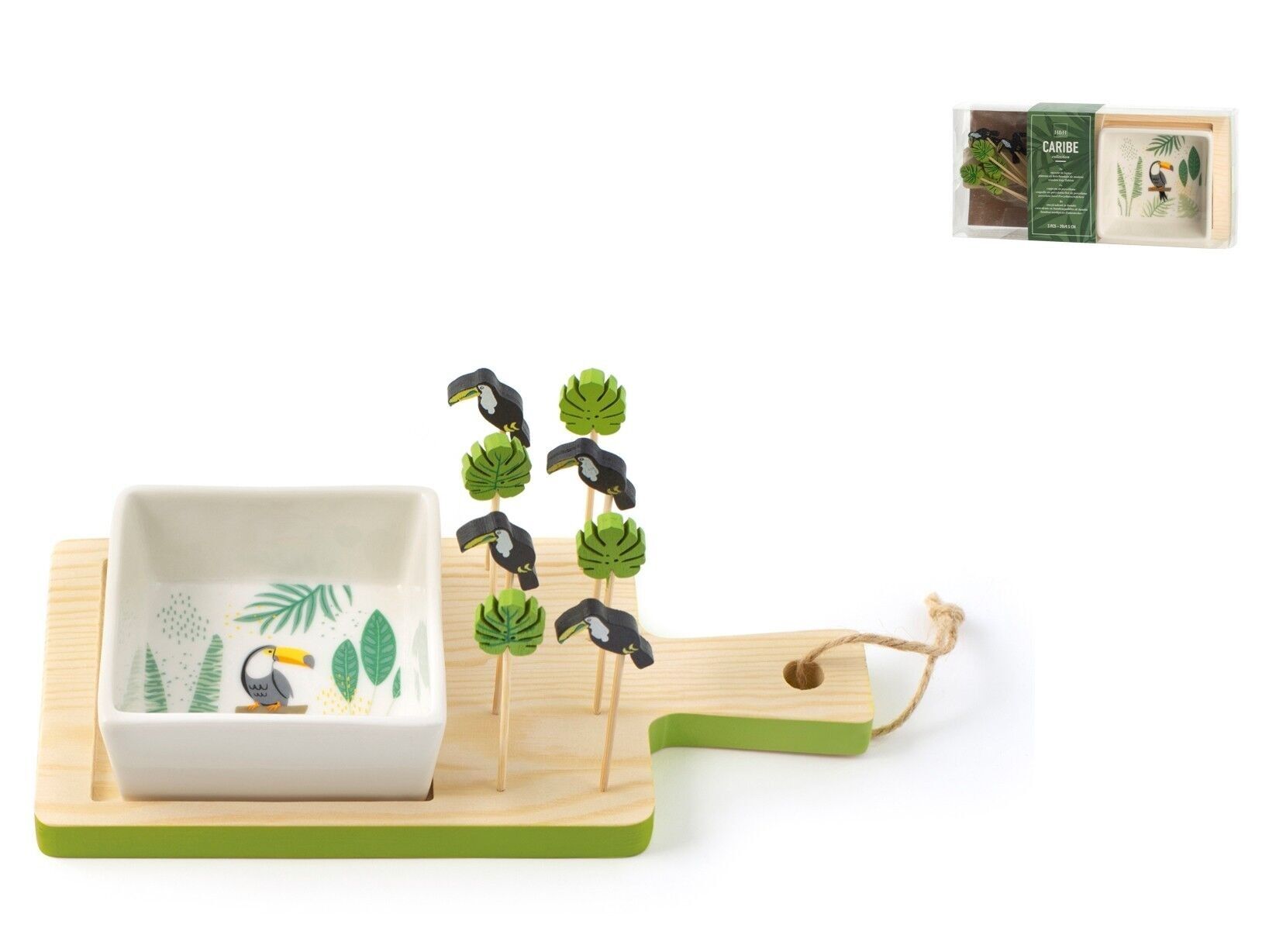 Caribe-Schale aus dekoriertem Porzellan, quadratische Form 8x8 cm, mit Holztablett 20x9,5xh1 cm, 8 Bambusstäbe mit verschiedenen Formen 10 cm.