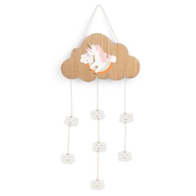 Unicorn hanging decoration in wood decorated with 7 photo / memo holder clothespins cm 30x52
