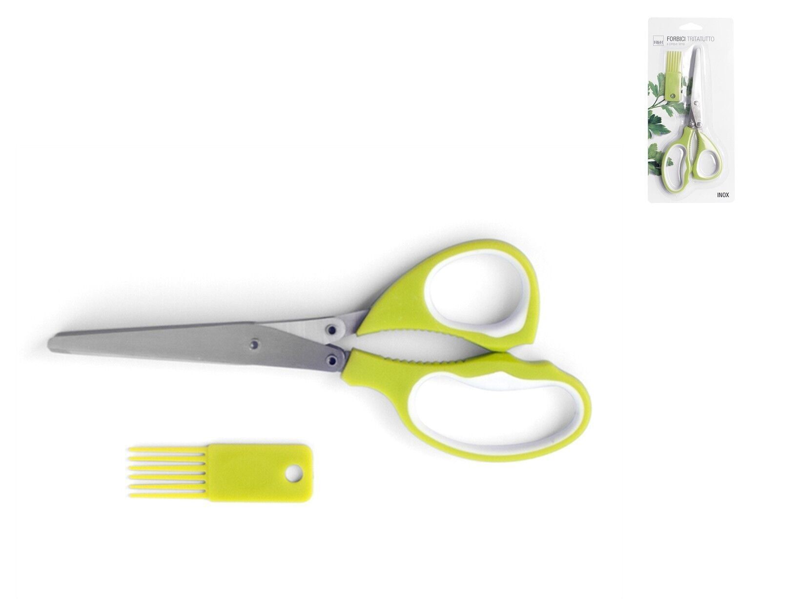 Gemüseschere, Edelstahlklingen, grüner Kunststoffgriff. 5-Klingen-Schere; ideal zum Hacken, Hacken von Petersilie, Basilikum, Schnittlauch. Inklusive sauberer Klingen.