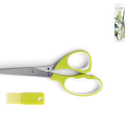 Vegetable shears, stainless steel blades, green plastic handle. 5-blade scissors; ideal for mincing, mincing parsley, basil, chives. Clean blades included.