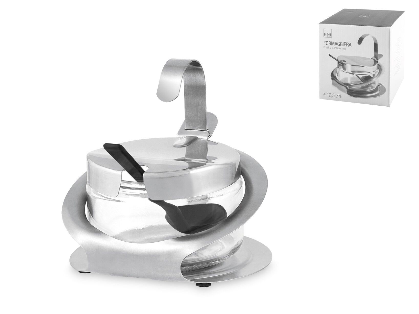 Käseschale aus Glas mit Edelstahlstruktur und Löffel cm 12x11x11 h.