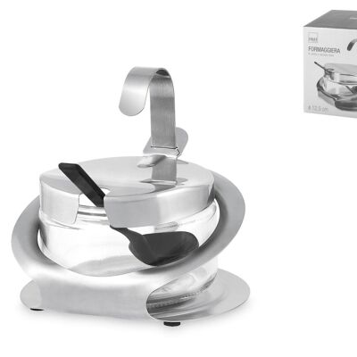 Glass cheese bowl with stainless steel structure and spoon cm 12x11x11 h.