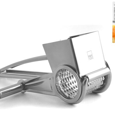 Stainless steel roller grater with finger guard suitable for finely grating cheeses and vegetables