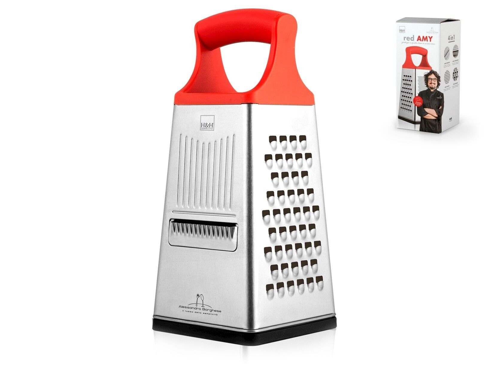 Acero inoxidable Borghese Red Amy de 4 caras con mango antideslizante rojo y base de silicona negra. Compuesto por: hoja oblicua; hoja ondulada; hoja de agujeros pequeños; hoja de agujeros grandes. Alessandro Borghese - El lujo de la sencillez