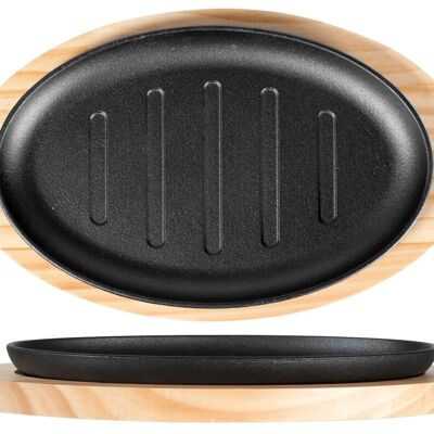 Oval cast iron grill with wooden tray 16x22 cm. Consisting of: grid 26x16x2.5 cm h; tray cm 31x19x2 h