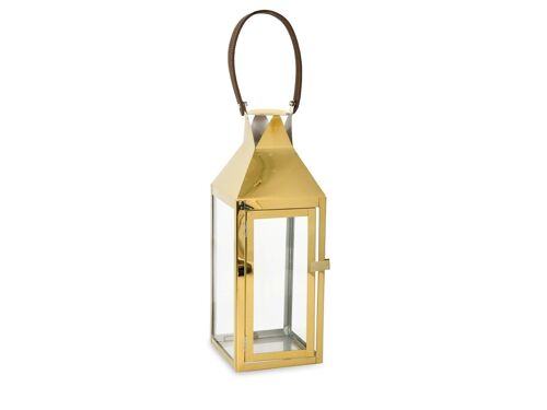 Lanterna in acciaio inox dorato con manico in cuoio cm 14x15x38h.