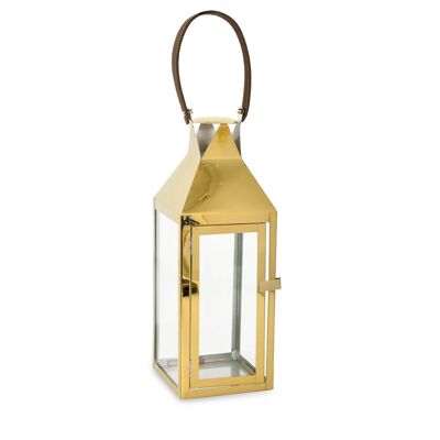 Lanterna in acciaio inox dorato con manico in cuoio cm 14x15x38h.