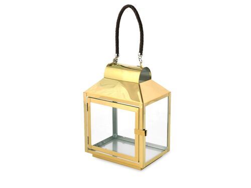 Lanterna in acciaio inox dorato con manico in cuoio cm 20x1428h.