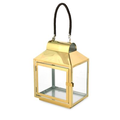 Lanterna in acciaio inox dorato con manico in cuoio cm 20x1428h.