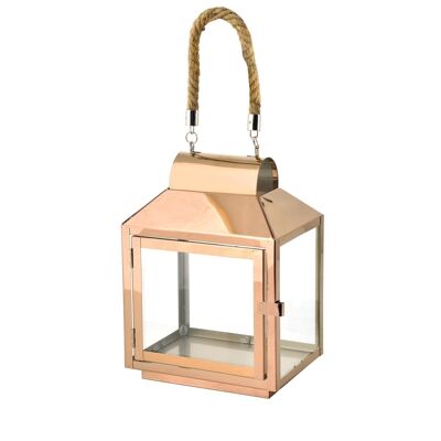 Coppered stainless steel lantern with rope handle 20x14x28h cm.