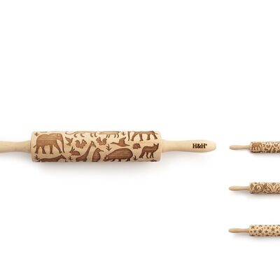Mattarello in legno con manico girevole goffrato inciso al laser decori assortiti cm 39,5x5.