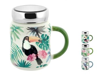 Mug tropical en porcelaine neuve décors assortis avec couvercle cc 490 8