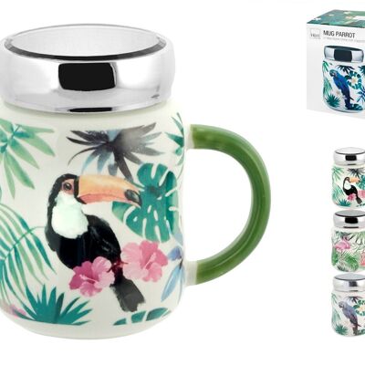 Taza tropical en porcelana nueva decoraciones variadas con tapa cc 490