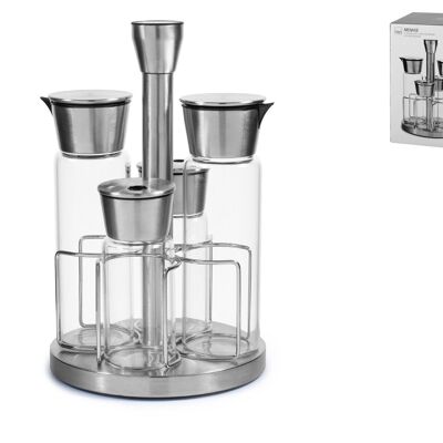 4-piece oil cruet in borosilicate glass with stainless steel caps with stand