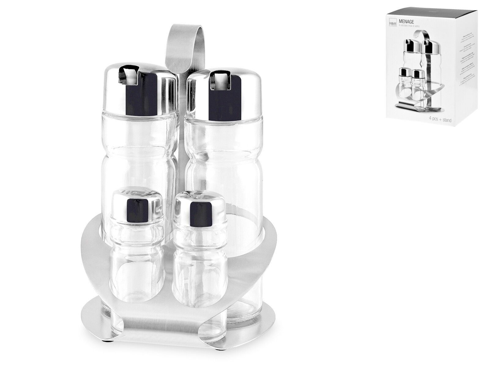 4-teilige Glasschale mit Edelstahlständer und -kappen. Bestehend aus: 2 Kännchen mit Tropfenfänger cm 5x16 h; 2 Salzpfannen 3x9 cm; 1 Ständer cm 12x11,5x18 h