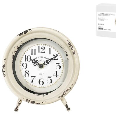 Table clock with beige decoration, in round metal 15.5 cm with quartz mechanism