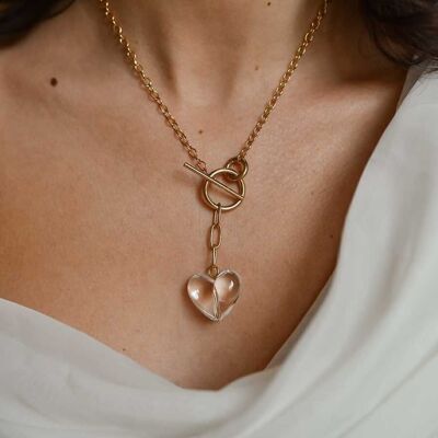 Collar corazón acrílico cierre cadena T latón dorado oro fino