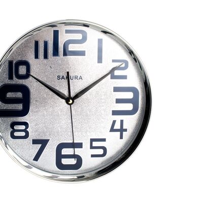 Reloj de pared redondo Sakura de 30 cm cromado. Reloj con movimiento de cuarzo, pila AA no incluida.
