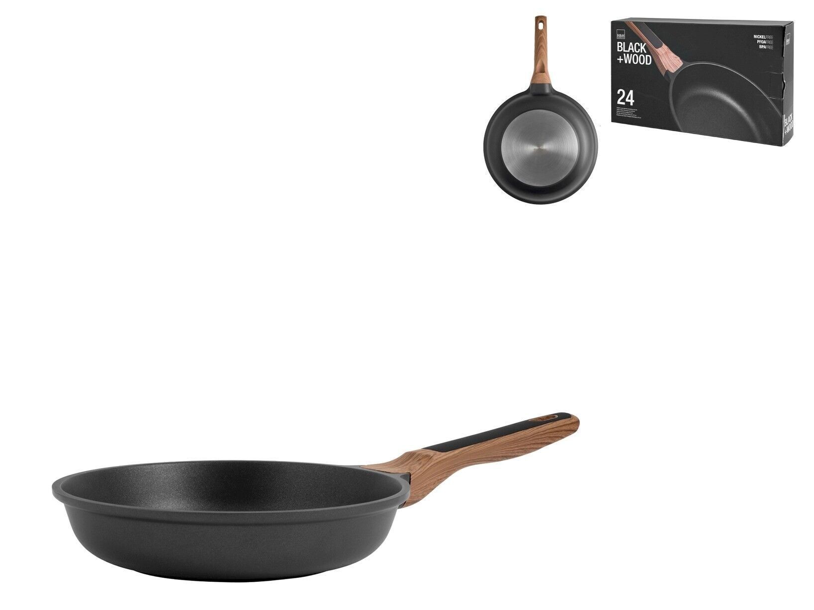 Black Wood pan in aluminum with non-stick coating suitable for induction hob with anti-slip handle with wood effect cm 24