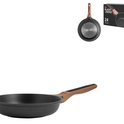 Black Wood pan in aluminum with non-stick coating suitable for induction hob with anti-slip handle with wood effect cm 24