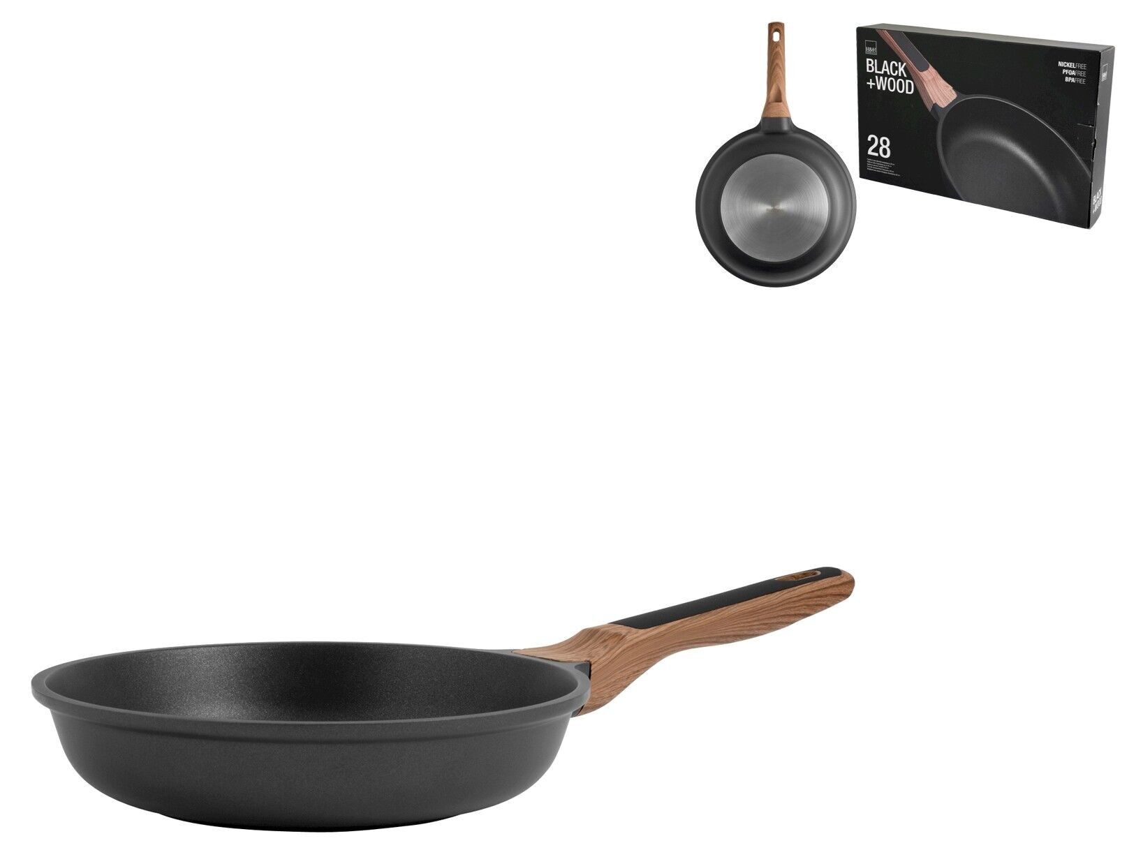 Black Wood frying pan in aluminum with non-stick coating suitable for induction hob with non-slip handle with wood effect cm 28