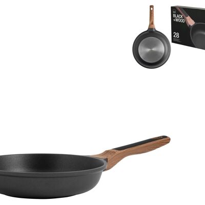 Black Wood frying pan in aluminum with non-stick coating suitable for induction hob with non-slip handle with wood effect cm 28