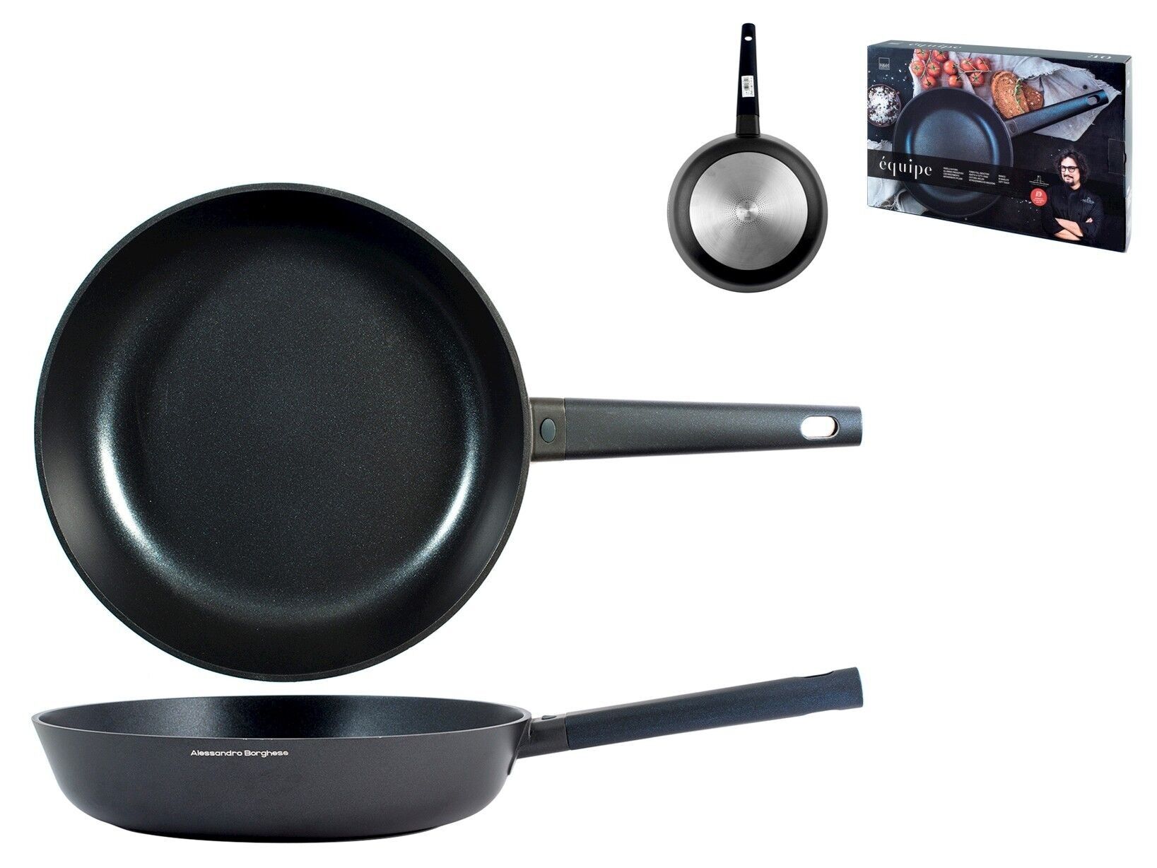 Padella Borghese Equipe in alluminio pressofuso con rivestimento antiaderente Pfluon adatto anche per cottura su piano ad induzione cm 30. Alessandro Borghese - Il Lusso della semplicità