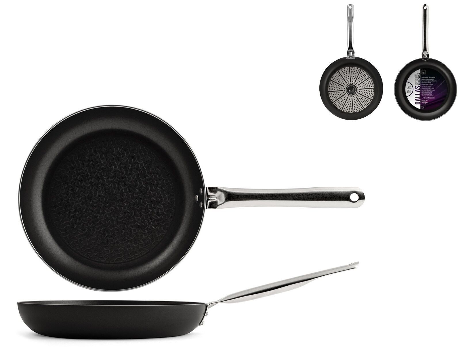 Padella Dallas Pro in alluminio con rivestimento antiaderente. Adatto a tutti i piani cottura compresa l'induzione. Diametro 28 cm colore nero manico in acciaio.
