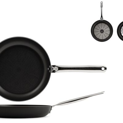 Dallas Pro pan in aluminum with non-stick coating. Suitable for all hobs including induction. Diameter 28 cm black color steel handle.