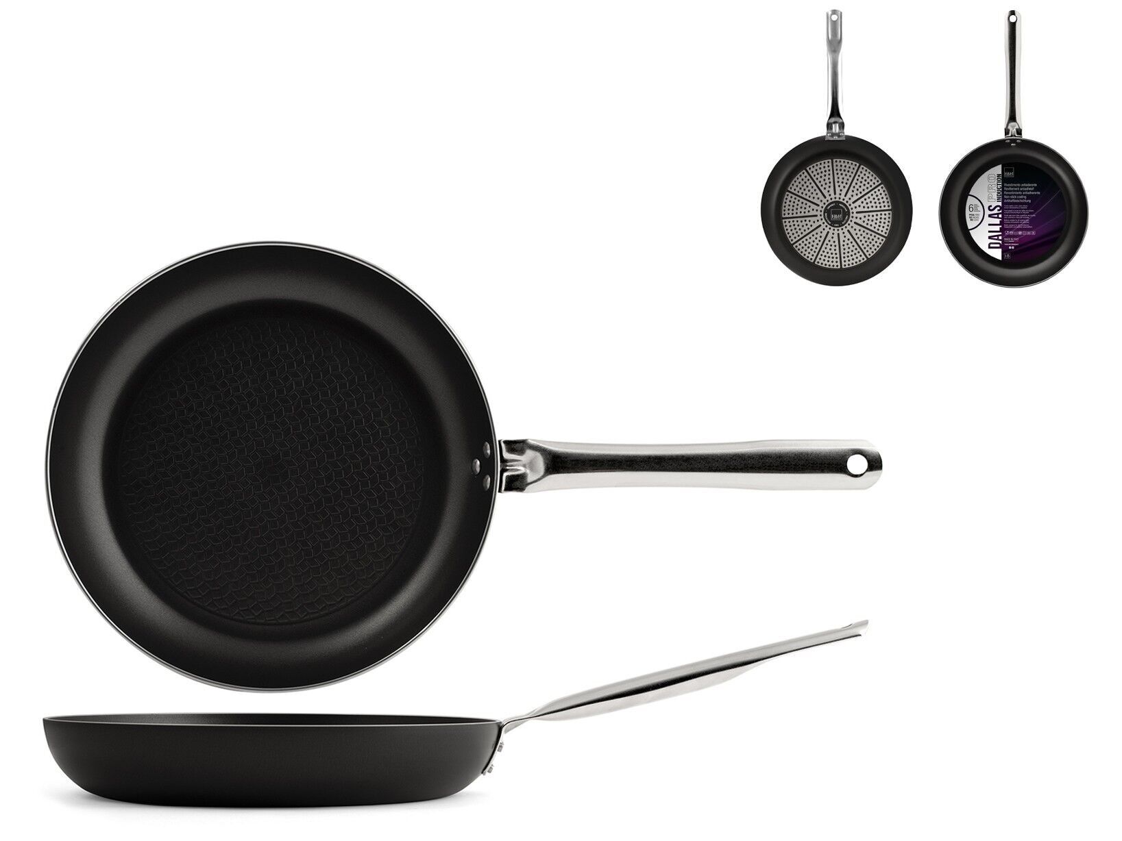 Padella Dallas Pro in alluminio con rivestimento antiaderente. Adatto a tutti i piani cottura compresa l'induzione. Diametro 32 cm colore nero manico in acciaio
