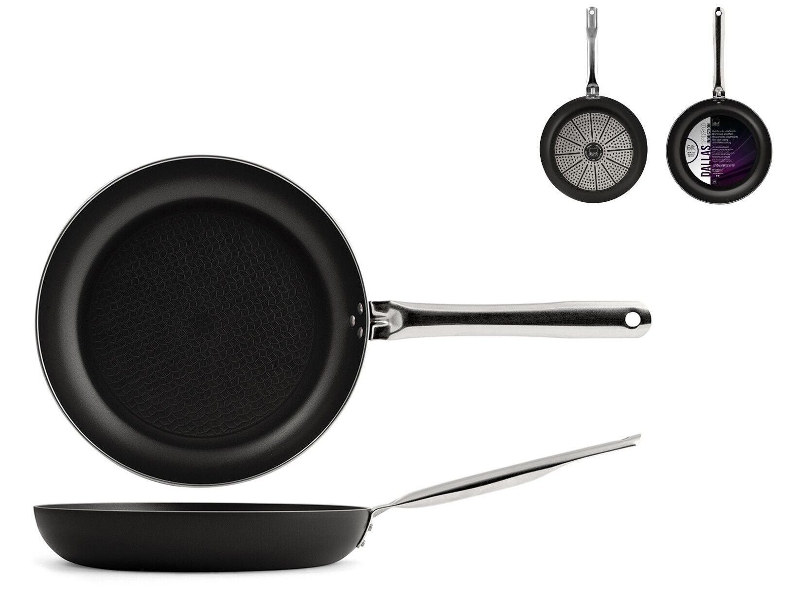 Padella Dallas Pro in alluminio con rivestimento antiaderente. Adatto a tutti i piani cottura compresa l'induzione. Diametro 36 cm colore nero manico in acciaio