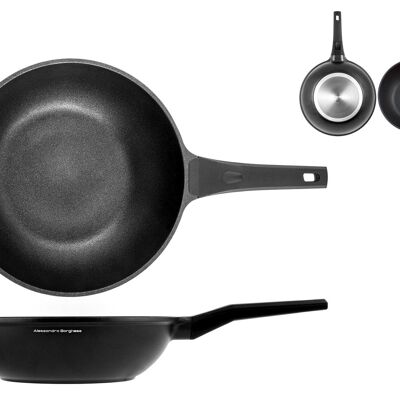 Wok pan 1 handle Borghese Essential in die-cast aluminum with non-stick coating Shot Blasting Technology also suitable for use on a 28 cm black induction hob. Alessandro Borghese - The luxury of simplicity
