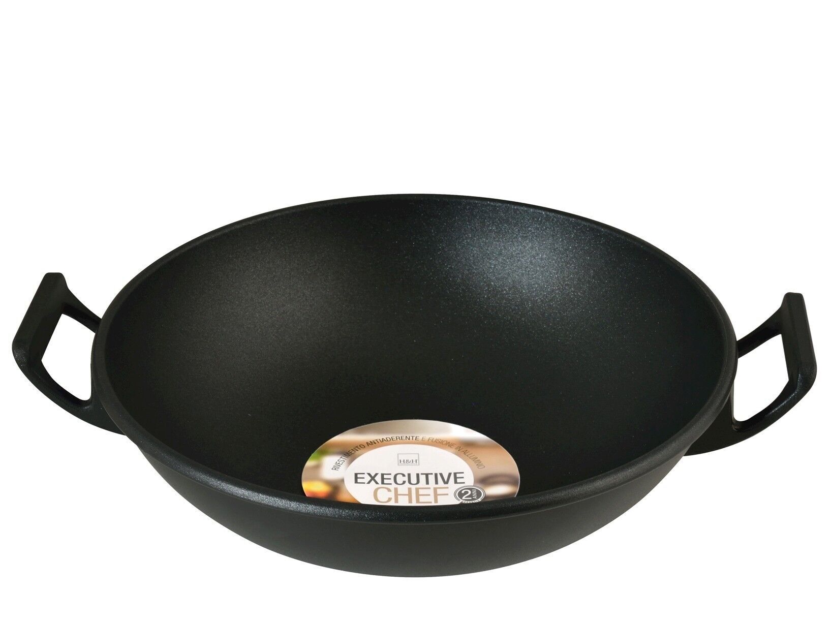 Padella Wok 2 manici Executive Chef in alluminio pressofuso con rivestimento antiaderente cm 32. Garanzia di 2 anni