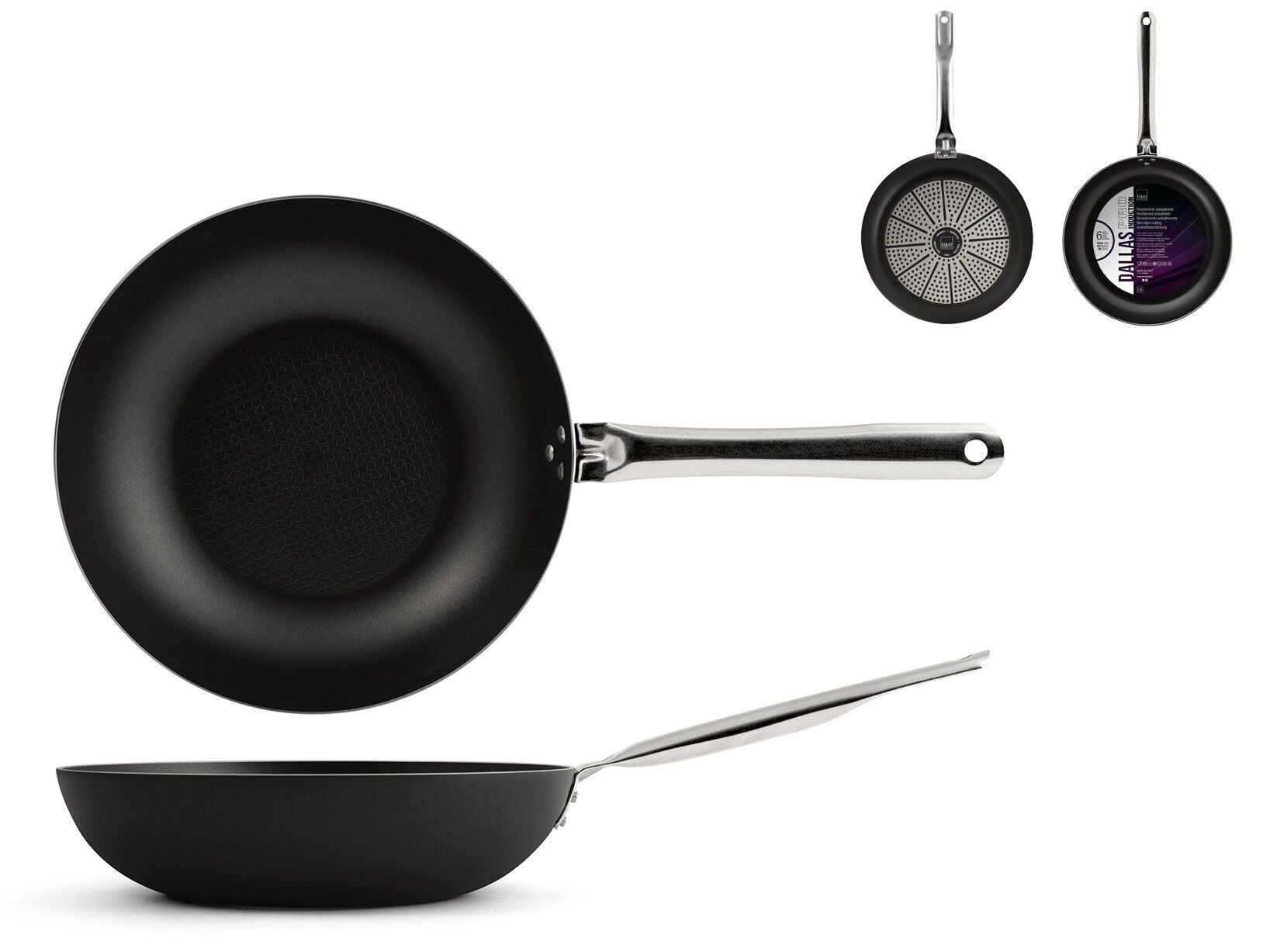 Dallas Pro wok pan in aluminum with non-stick coating. Suitable for all hobs including induction. Diameter 32 cm black color steel handle