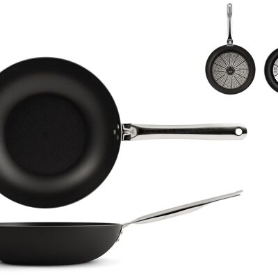 Dallas Pro wok pan in aluminum with non-stick coating. Suitable for all hobs including induction. Diameter 32 cm black color steel handle