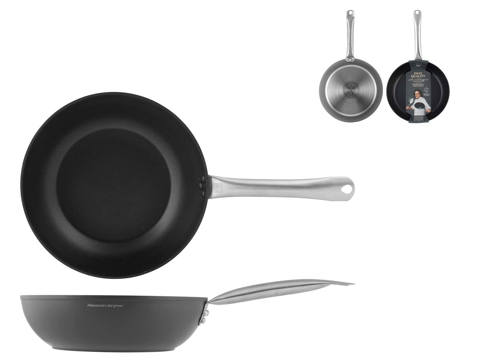 Padella Wok Inox Quality con rivestimento antiaderente e manico inox rivettato. Adatto a tutti i piani cottura compreso l'induzione, cm 28.Cooking Style e Il lusso della semplicità di Chef Alessandro Borghese.