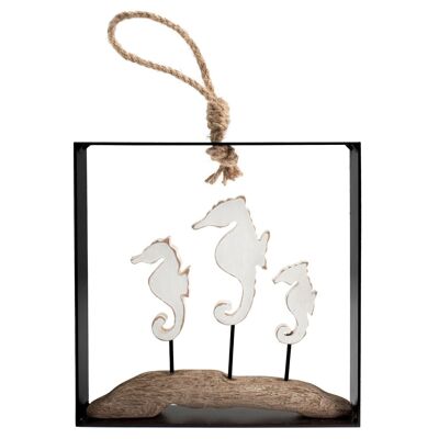 Aegean metal square pendant with wooden seahorses 20 cm