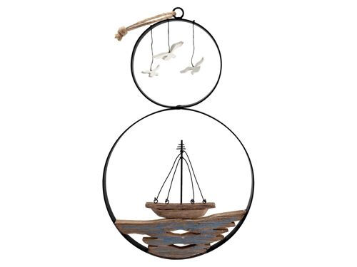 Pendente tondo Egeo in metallo con barca e gabbiani in legno cm 24