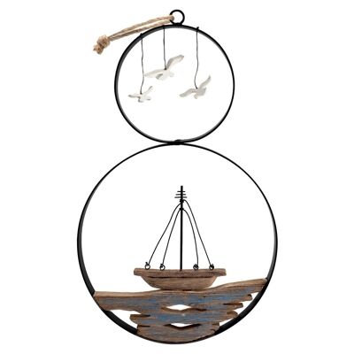Aegean round metal pendant with wooden boat and seagulls 24 cm