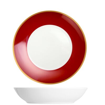 Plato hondo rubí de porcelana con banda de color rojo rubí y borde dorado de 20 cm.