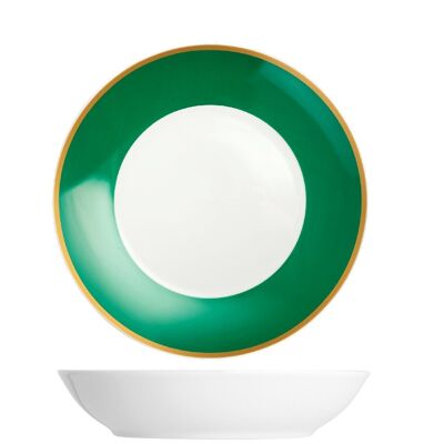 Plato hondo rubí en porcelana con banda verde esmeralda y borde dorado 20 cm.