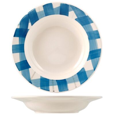 Stoneware soup plate with blue stripes decoration 21 cm